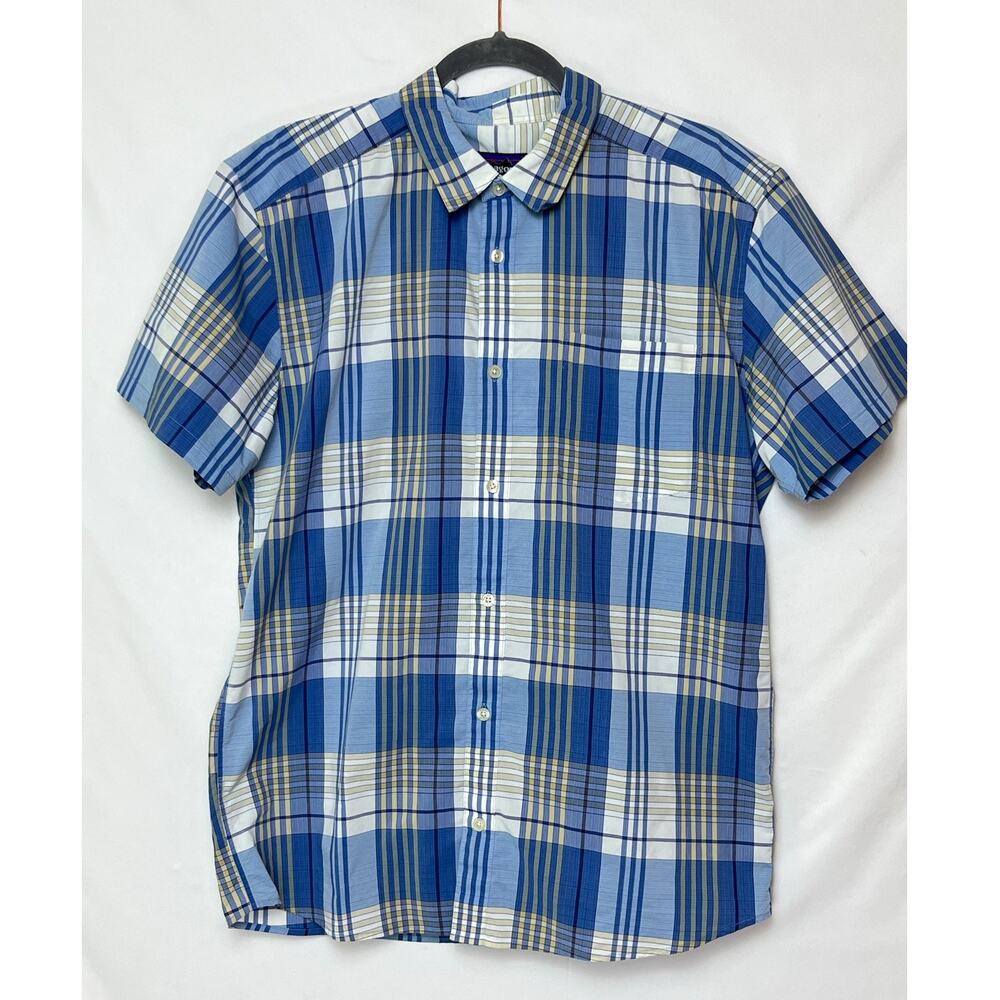 Patagonia Men's Blue LARGE Tan Plaid Short Sleeve Button Up Casual Outdoor Shirt